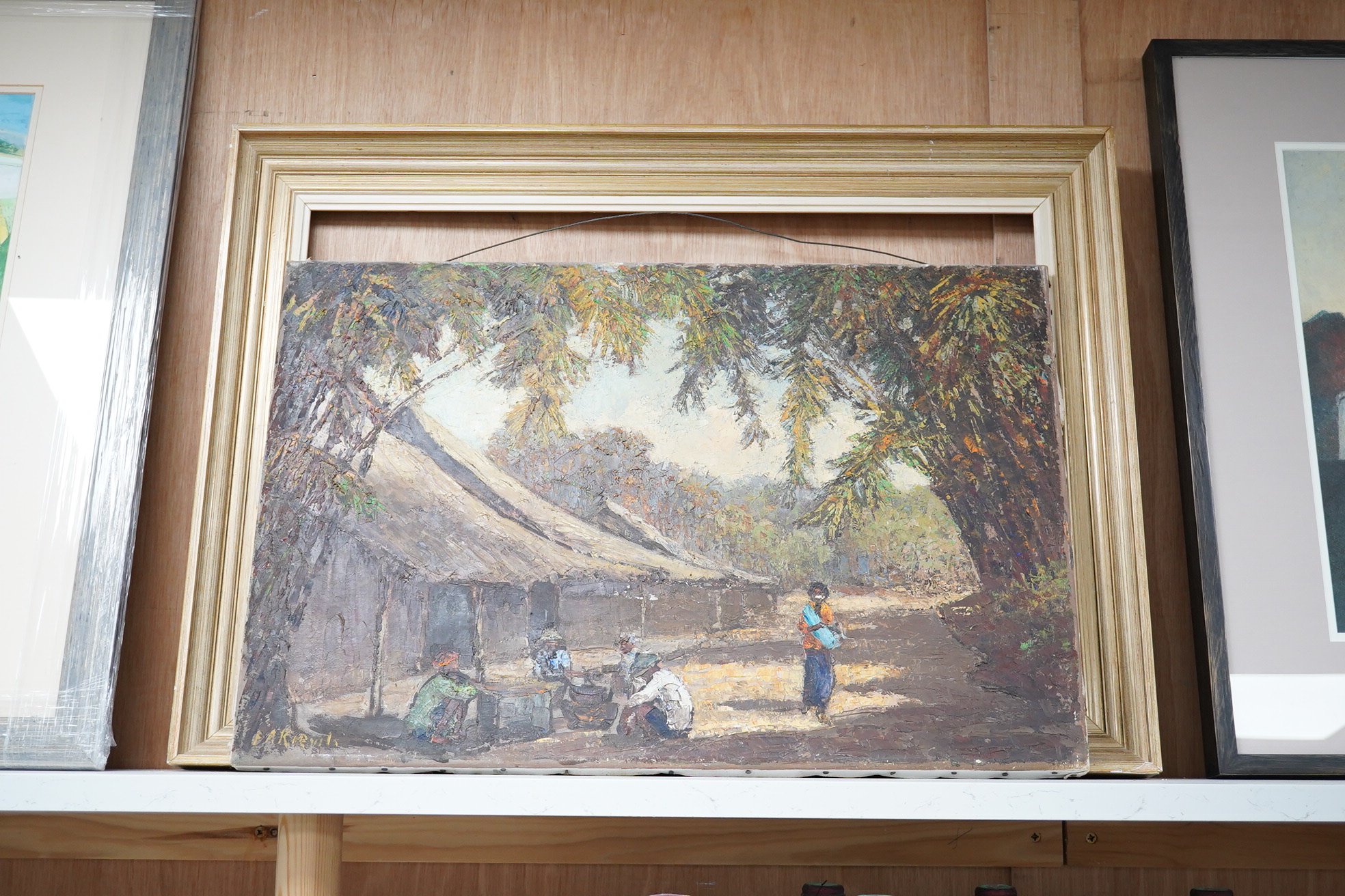 African School, impasto oil on canvas, Village scene with figures, 40 x 60cm, indistinctly signed lower left. Condition - fair, some paint chips